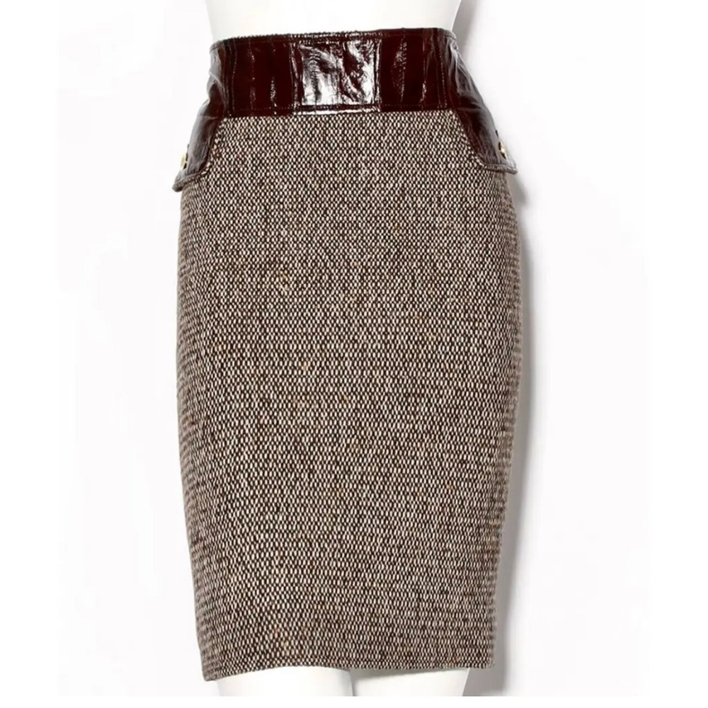 Dolce & Gabbana Brown Tweed Pencil Skirt with Dark Burgundy/Brown Patent Waist